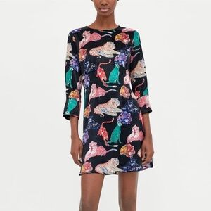 Zara Pink and Blue A-line Mini Dress with Bell Sleeves